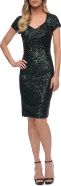 La Femme Knee Length Sequin Dress with Short Sleeves