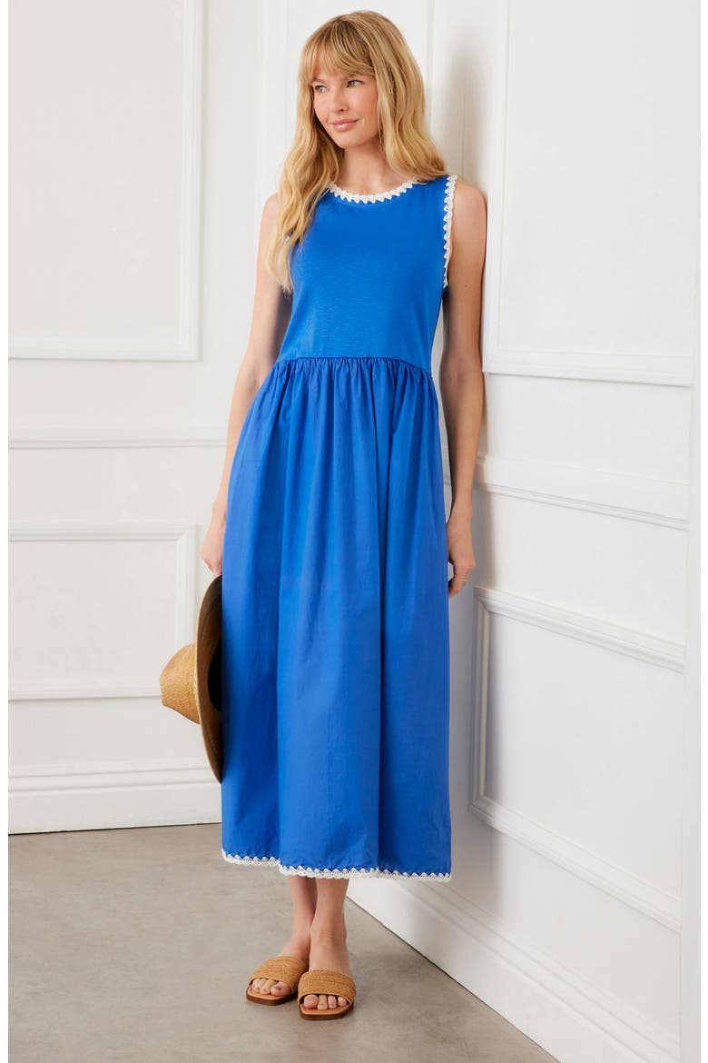 Edge Stitch Mixed Media Midi Dress, Alternate, color, BLUE