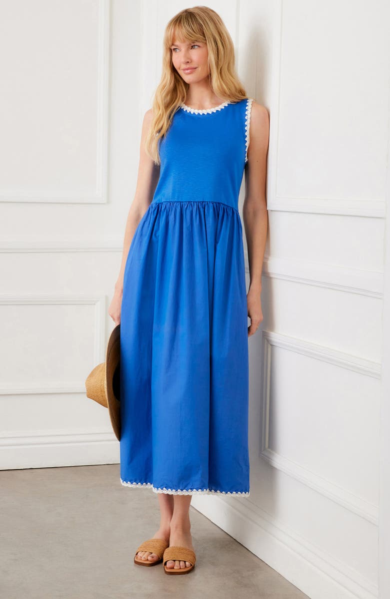 Karen Kane Edge Stitch Mixed Media Midi Dress, Alternate, color, Blue