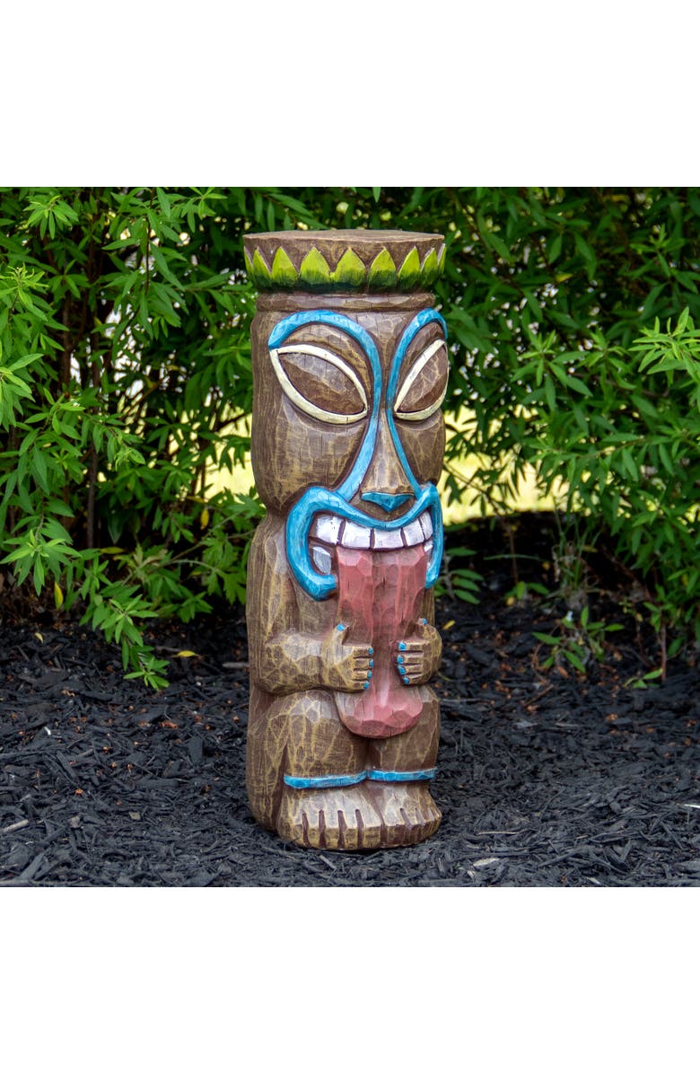 Northlight 16" Solar Lighted Polynesian Outdoor Garden Tongue Out Tiki Statue, Alternate, color, Brown