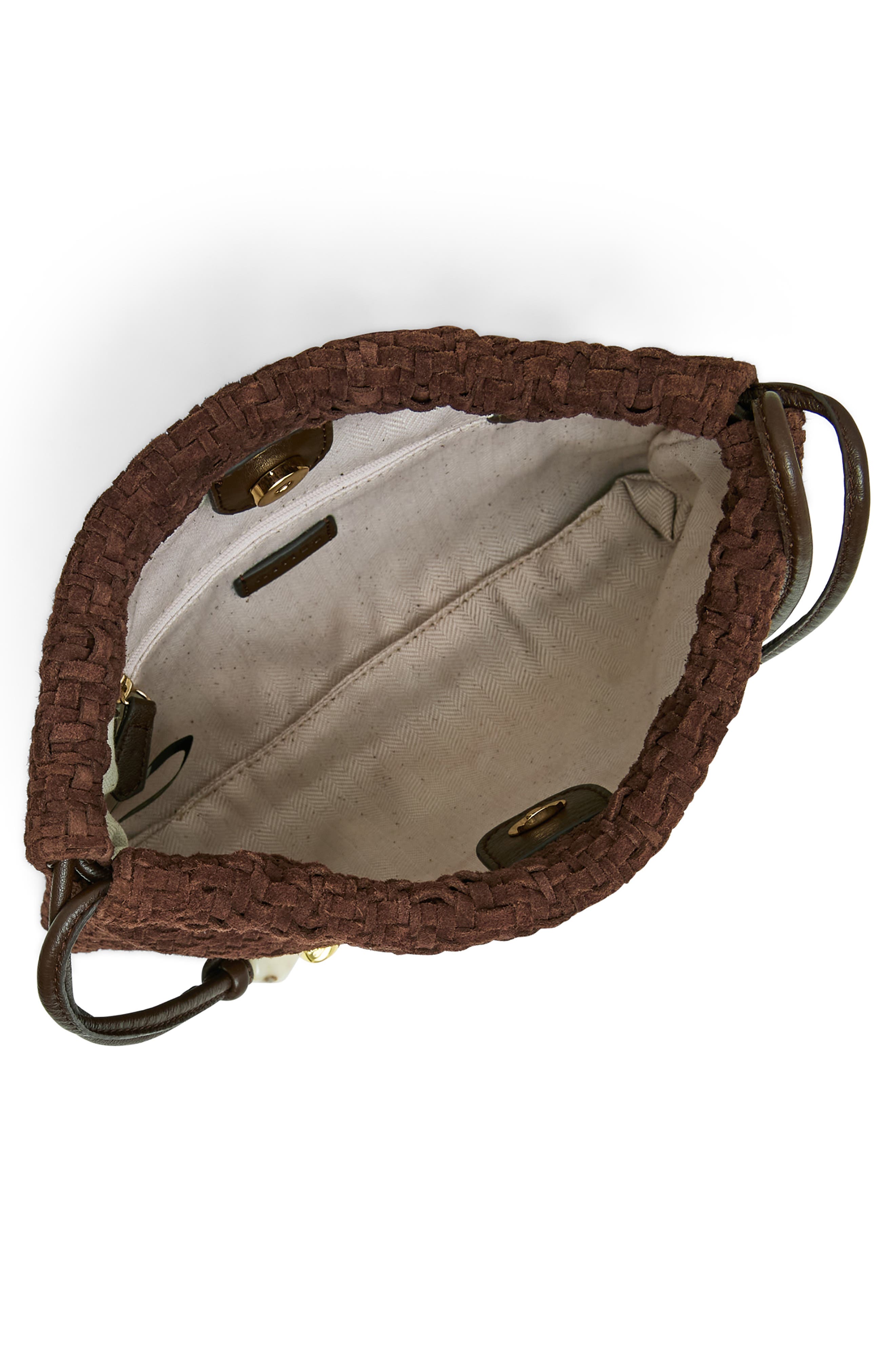 Tie Breaker Shoulder Bag, Alternate, color, FUDGE WOVEN SUEDE