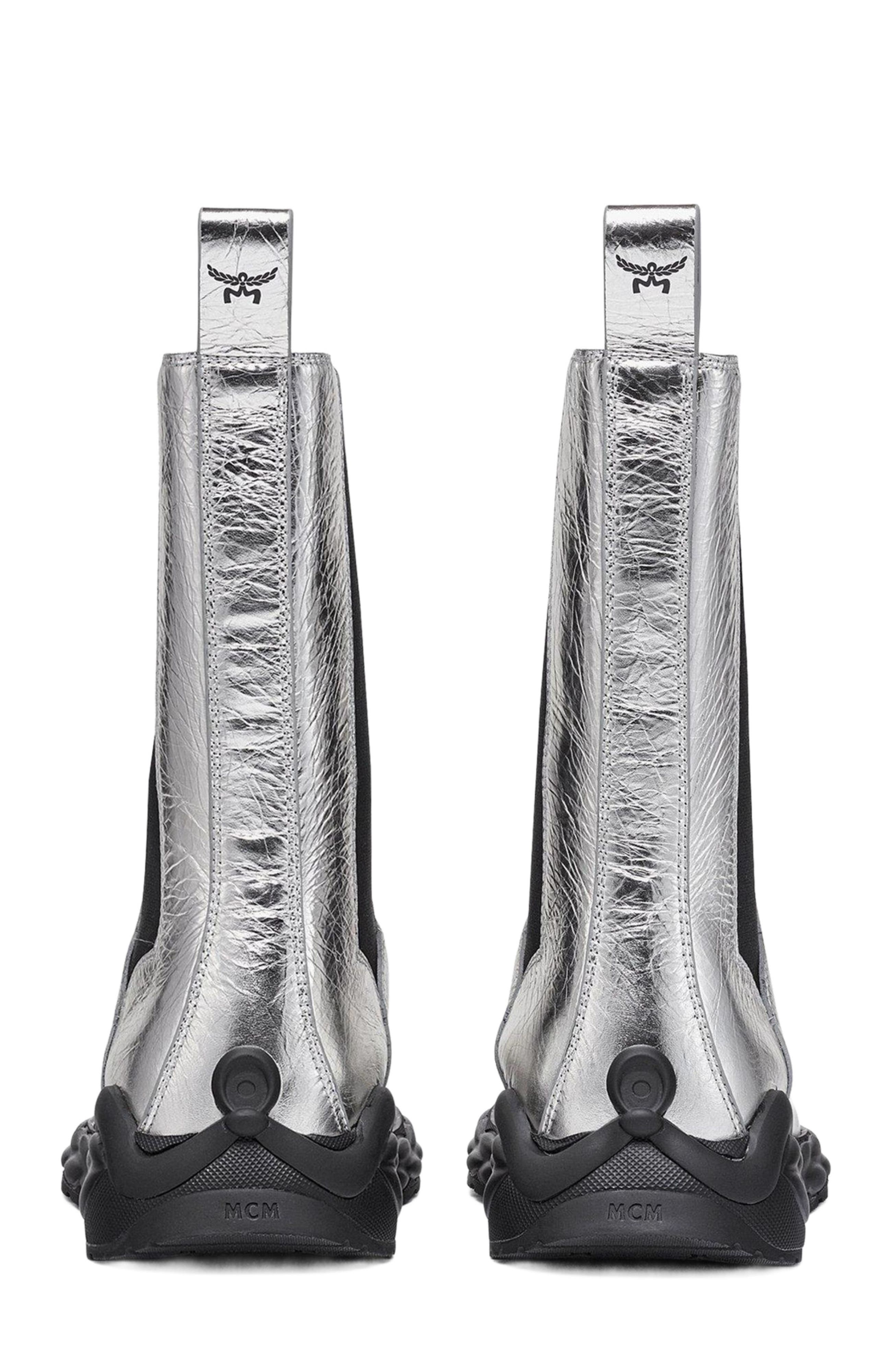 MCM Skywander Boots in Metallic Calf Leather, Alternate, color, Silver