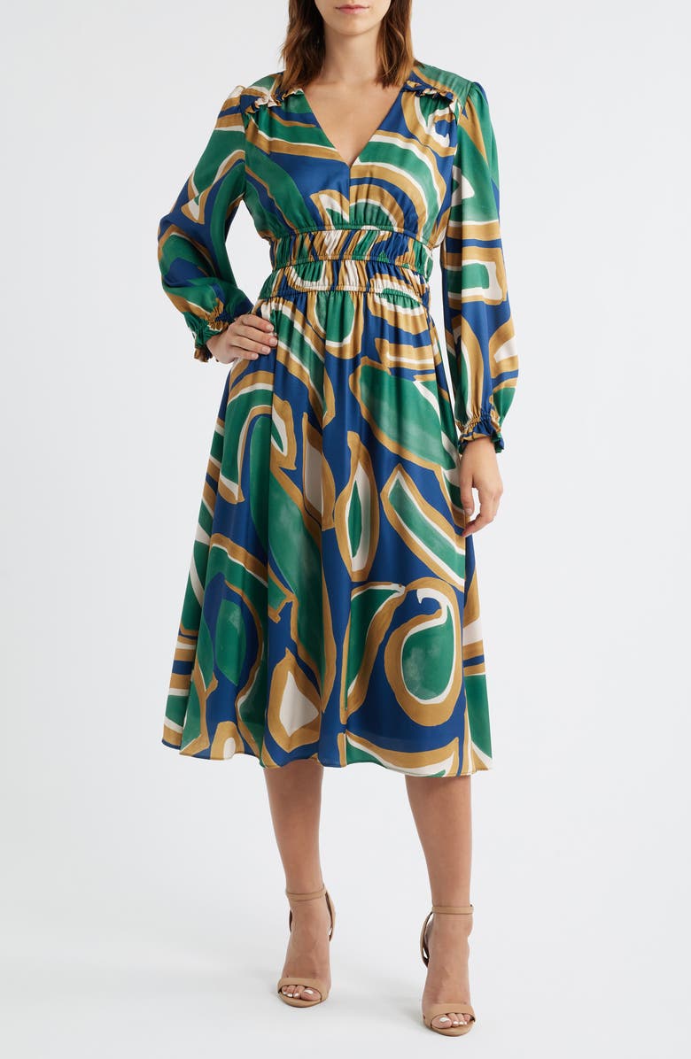 Julia Jordan Abstract Print Long Sleeve Midi Dress, Main, color, Green Multi