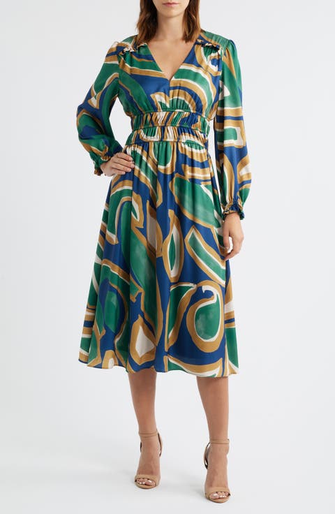 Abstract Print Long Sleeve Midi Dress