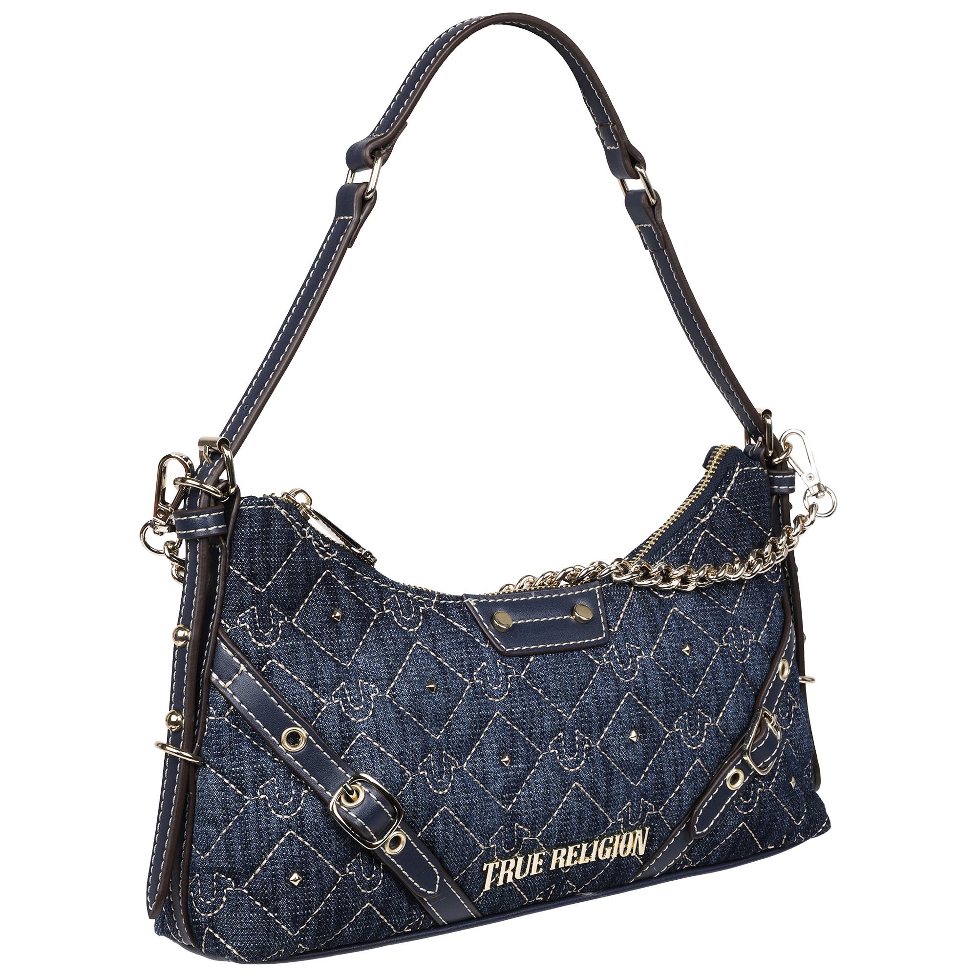 True Religion Studded Denim Chain Shoulder Bag, Alternate, color, Dark Denim