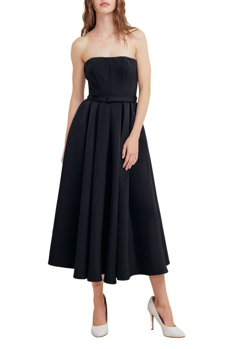 Belted Strapless Midi Dress, Main, color, BLACK