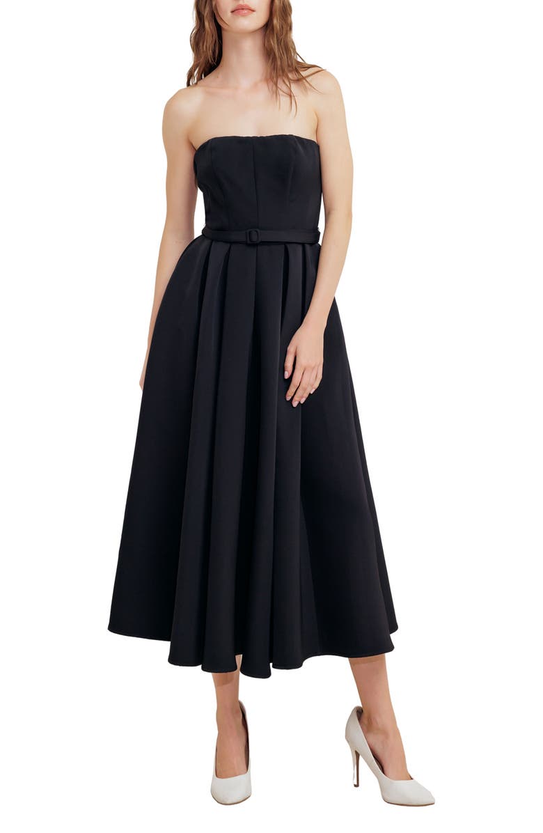 FREEMARKET Belted Strapless Midi Dress, Main, color, Black