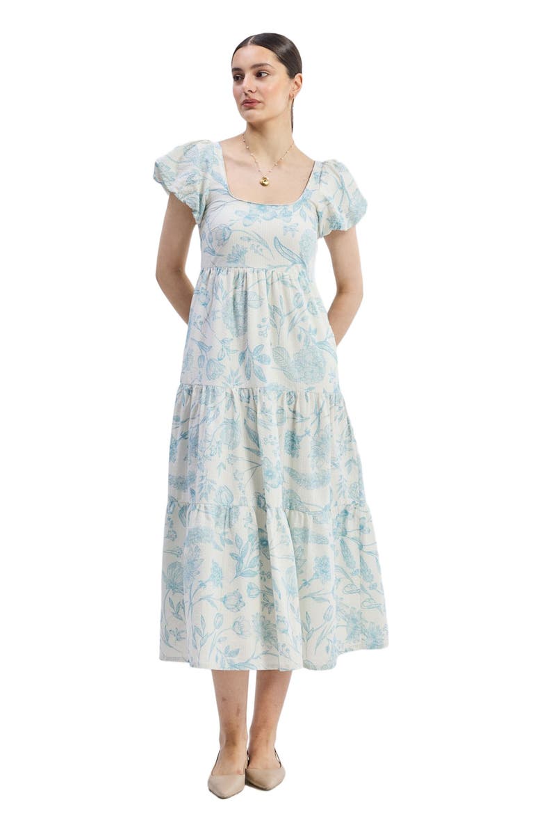 Reistor Womens Deep Puff Sleeve Tiered Maxi Dress in Blue Florals Small, Alternate, color, Blue Florals