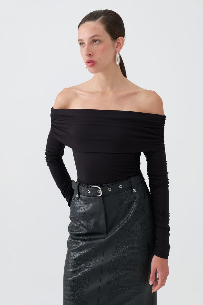 Off Shoulder Blouse with Ruffle Detail, Main, color, Black