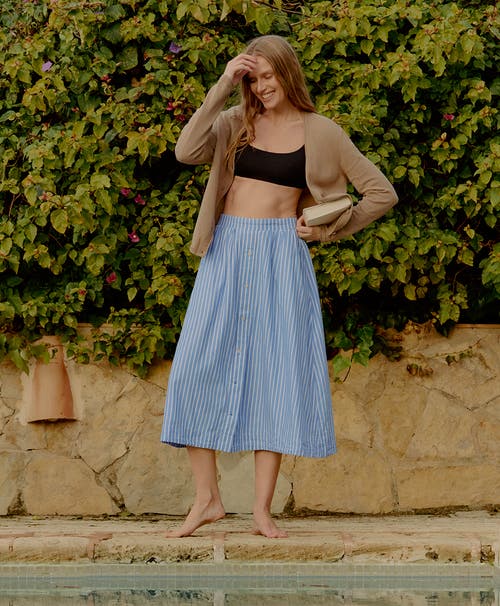 Pact Organic Cotton Sunset Lightweight Cotton Button Skirt In Blue Bondi Stripe