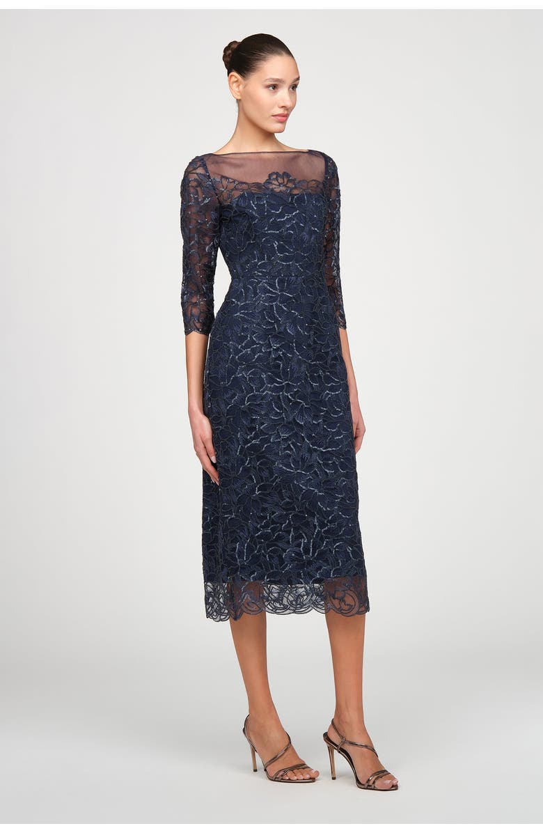 Theia Marbella Beaded Midi Dress, Alternate, color, Nautical Navy