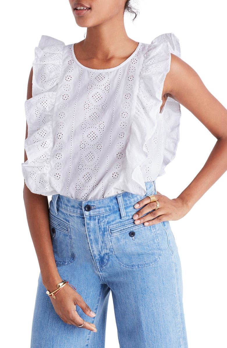 Madewell Bellflower Eyelet Ruffle Tank, Main, color,