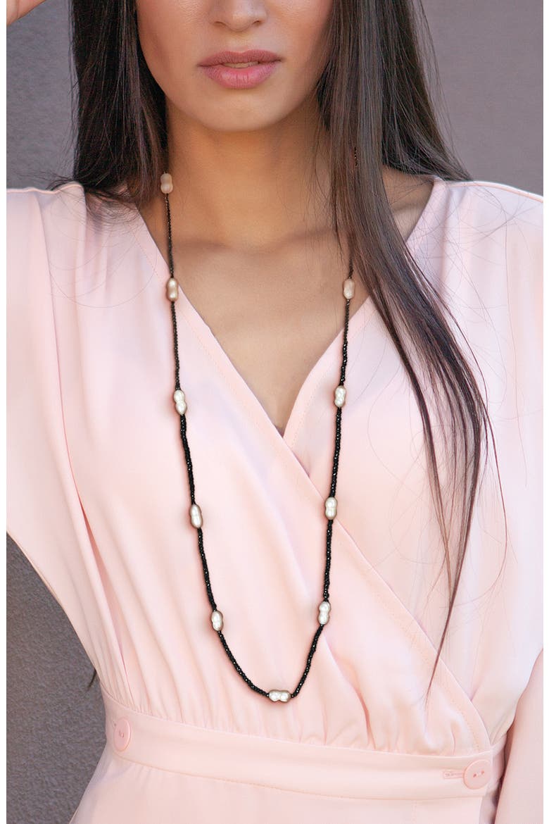 Black Spinel & Keshi Cultured Pearl Station Necklace, Alternate, color, BLACK
