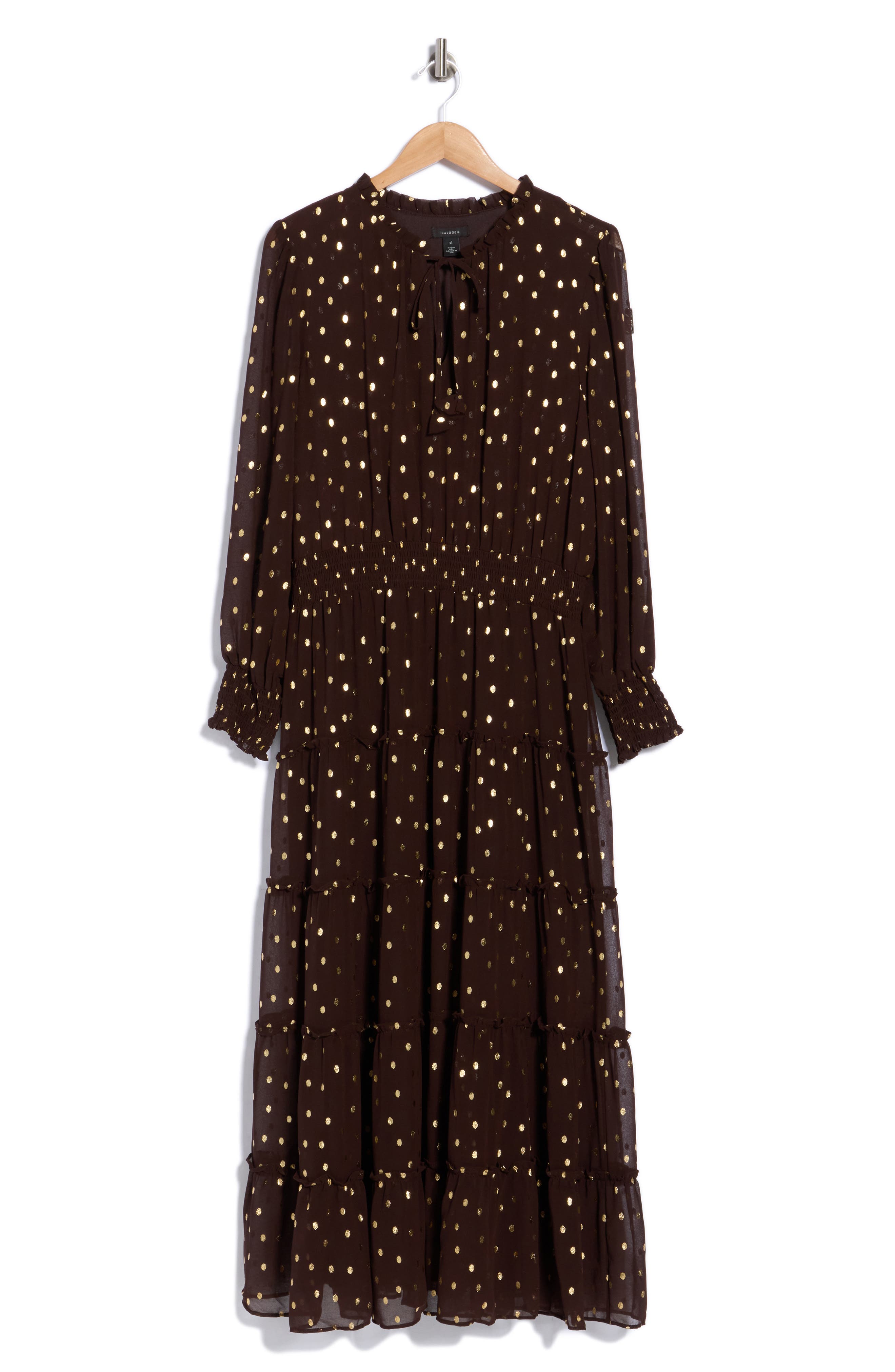 Tie Neck Long Sleeve Tiered Maxi Dress