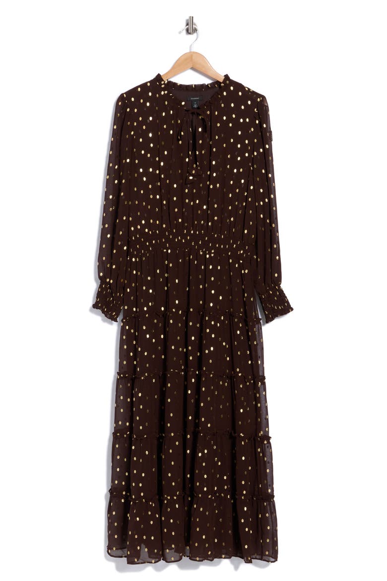 Tie Neck Long Sleeve Tiered Maxi Dress, Alternate, color, SADDLE BROWN