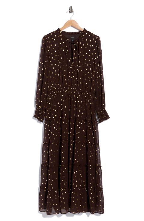 Tie Neck Long Sleeve Tiered Maxi Dress