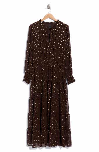Tie Neck Long Sleeve Tiered Maxi Dress