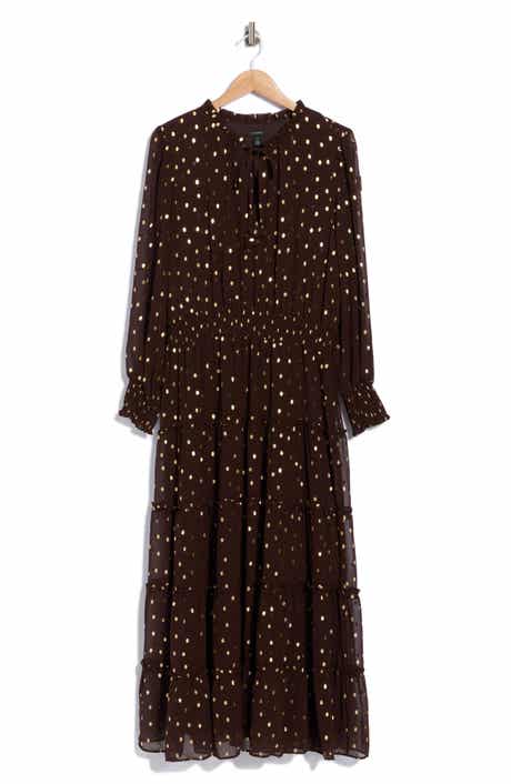 Tie Neck Long Sleeve Tiered Maxi Dress
