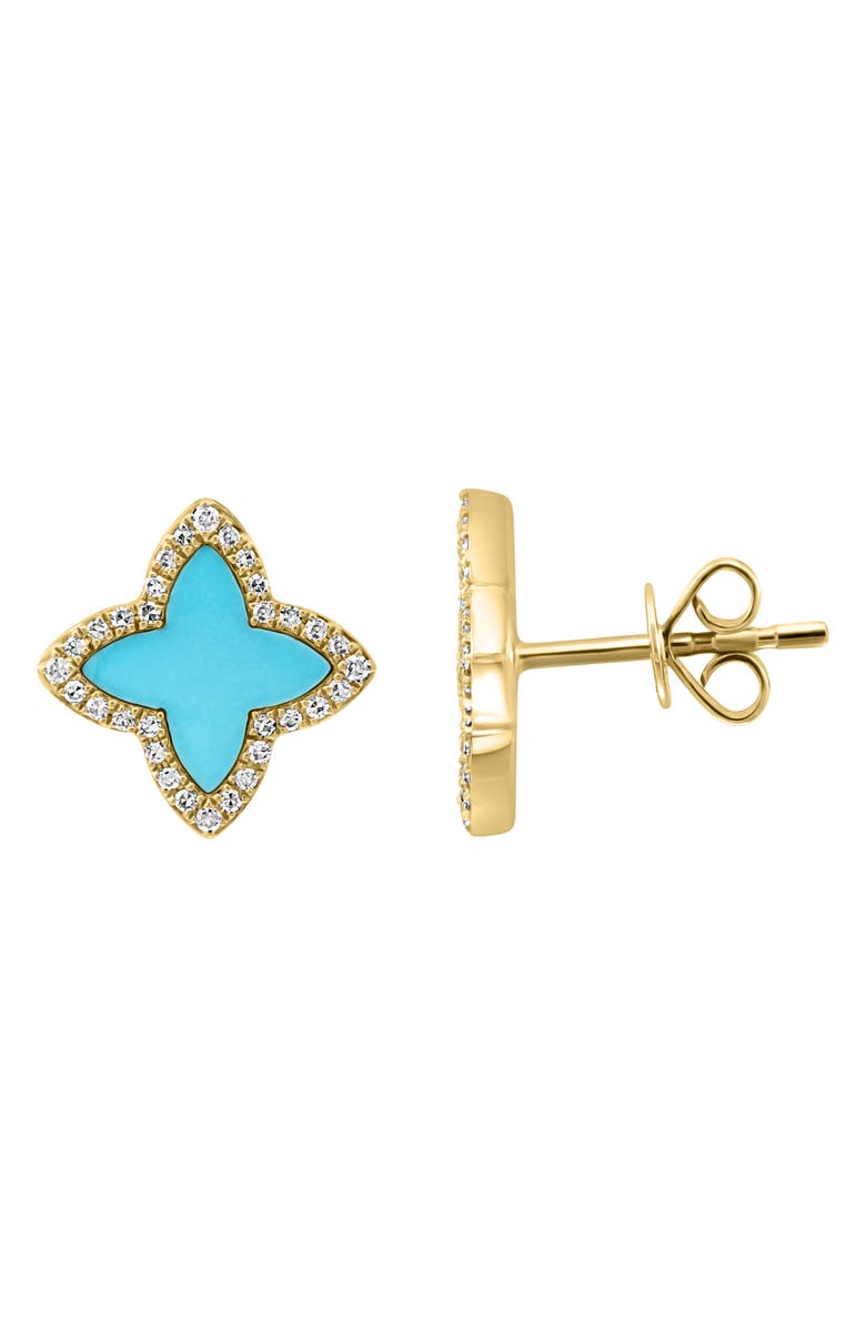 EFFY 14K Yellow Gold Turquoise & Diamond Clover Stud Earrings, Main, color, Blue