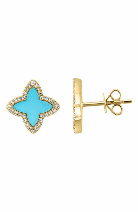 EFFY 14K Yellow Gold Turquoise & Diamond Clover Stud Earrings