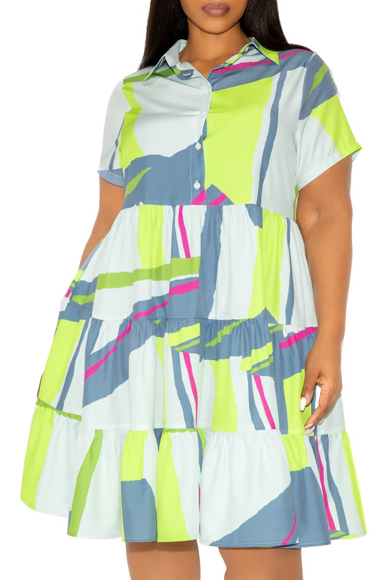 Print Tiered Shirtdress, Alternate, color, GREY MULTI