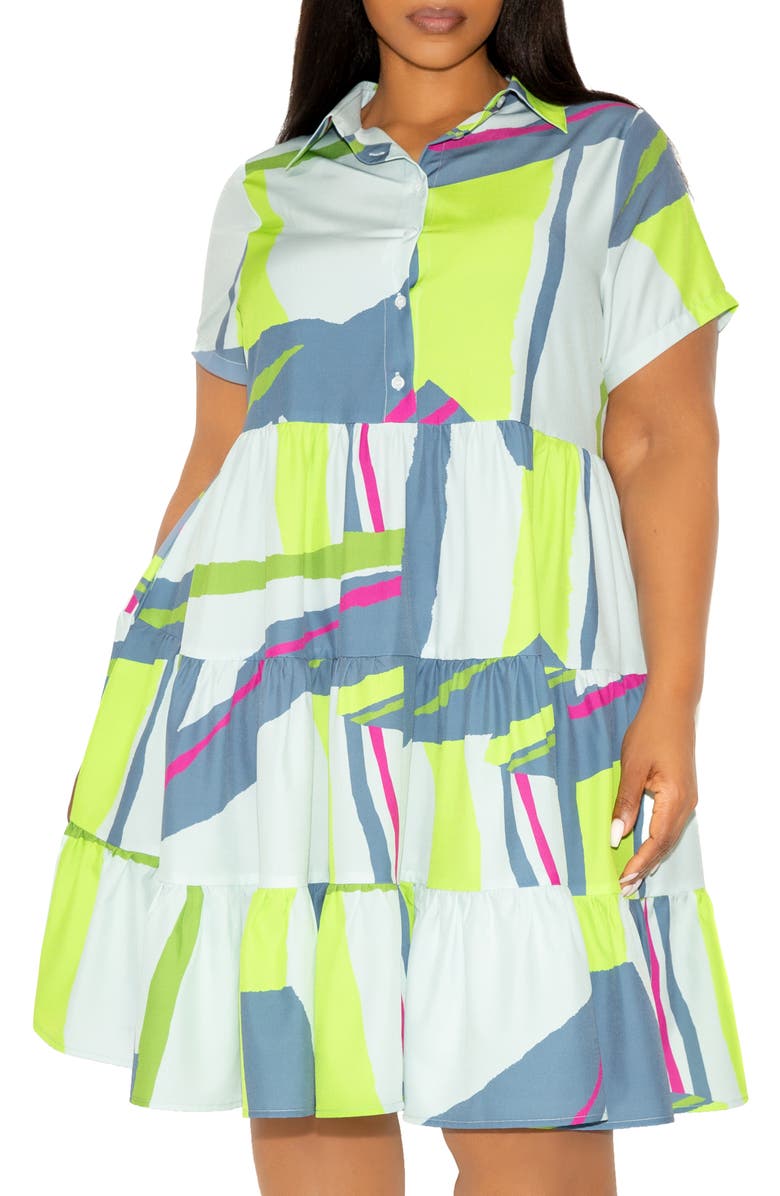 BUXOM COUTURE Print Tiered Shirtdress, Alternate, color, Grey Multi