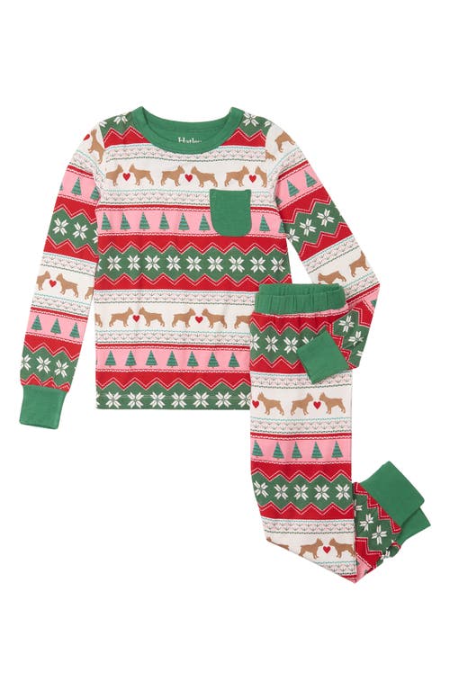 Hatley Kids' Fair Isle Dog Holiday Fitted Two-Piece Pajamas in Cami Lace 