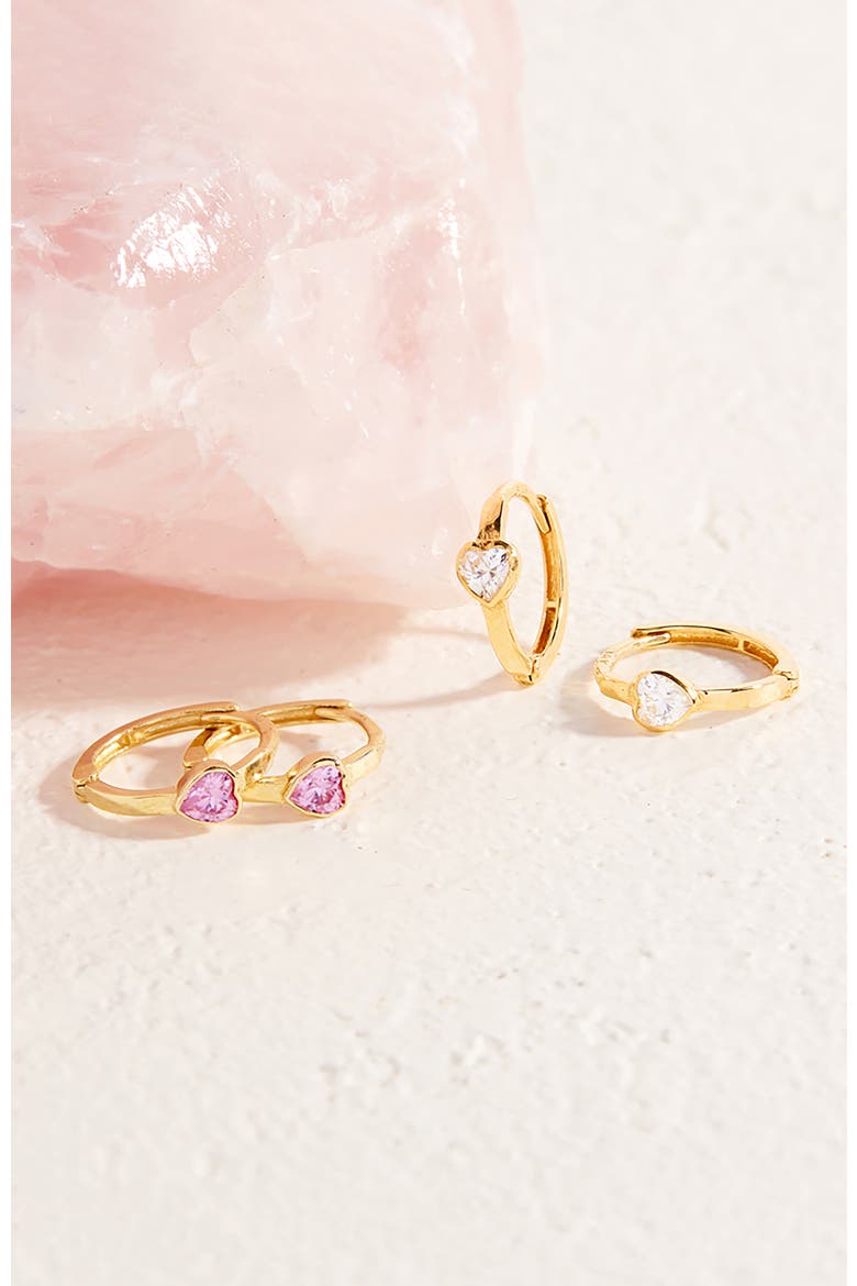 14k Sparkling Heart Hoop Earrings, Alternate, color, Pink