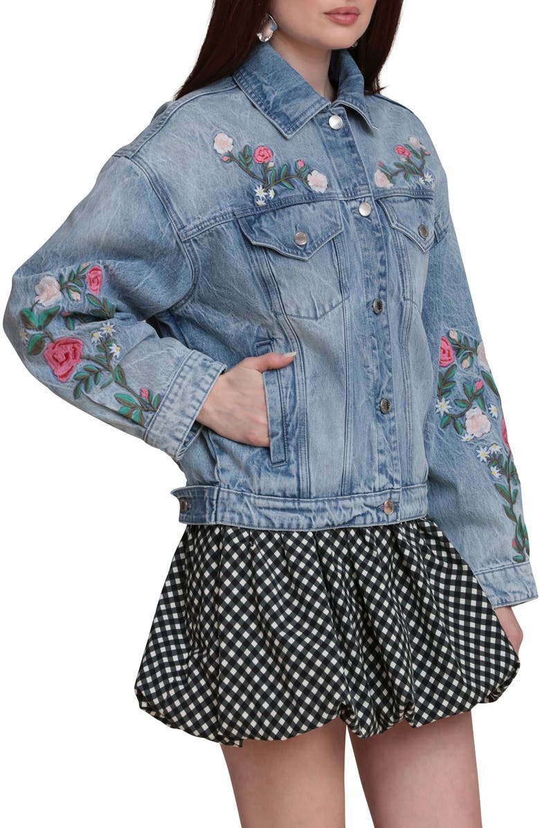 Avec Les Filles Embroidered Denim Trucker Jacket, Alternate, color, 
