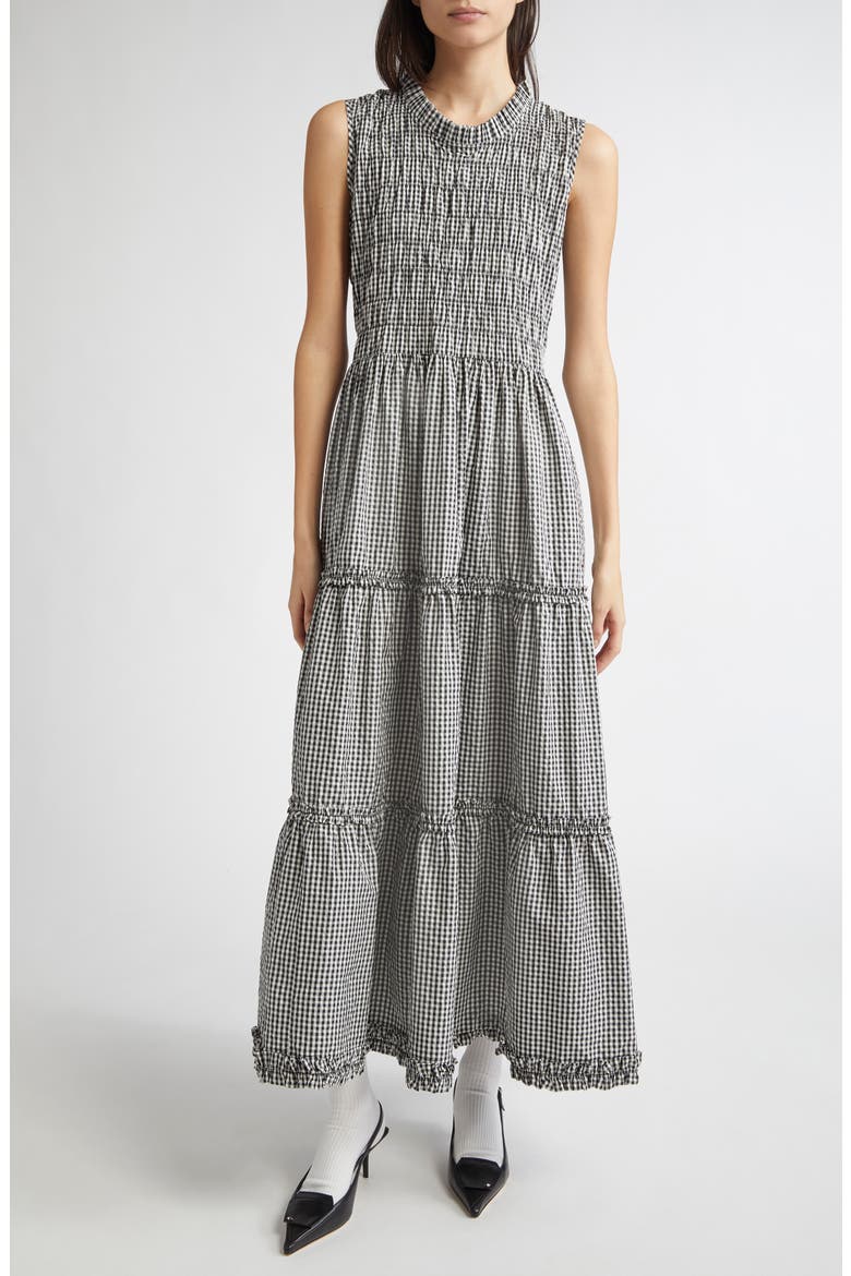 Gender Inclusive Scout Smocked Gingham Midi Dress, Main, color, BLACK GINGHAM