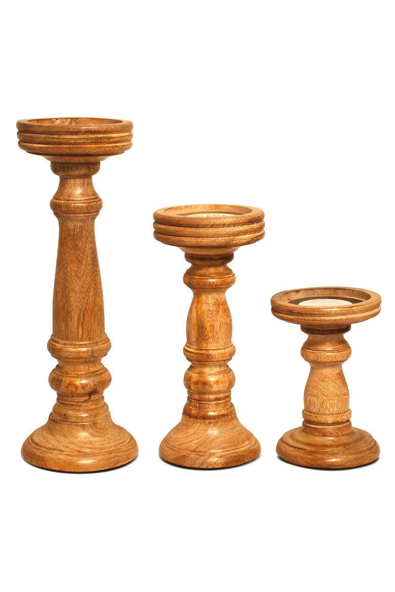 Chennai Mango Wood Candle Holders - Set of 3, Main, color, Medium Polish Natural Wood