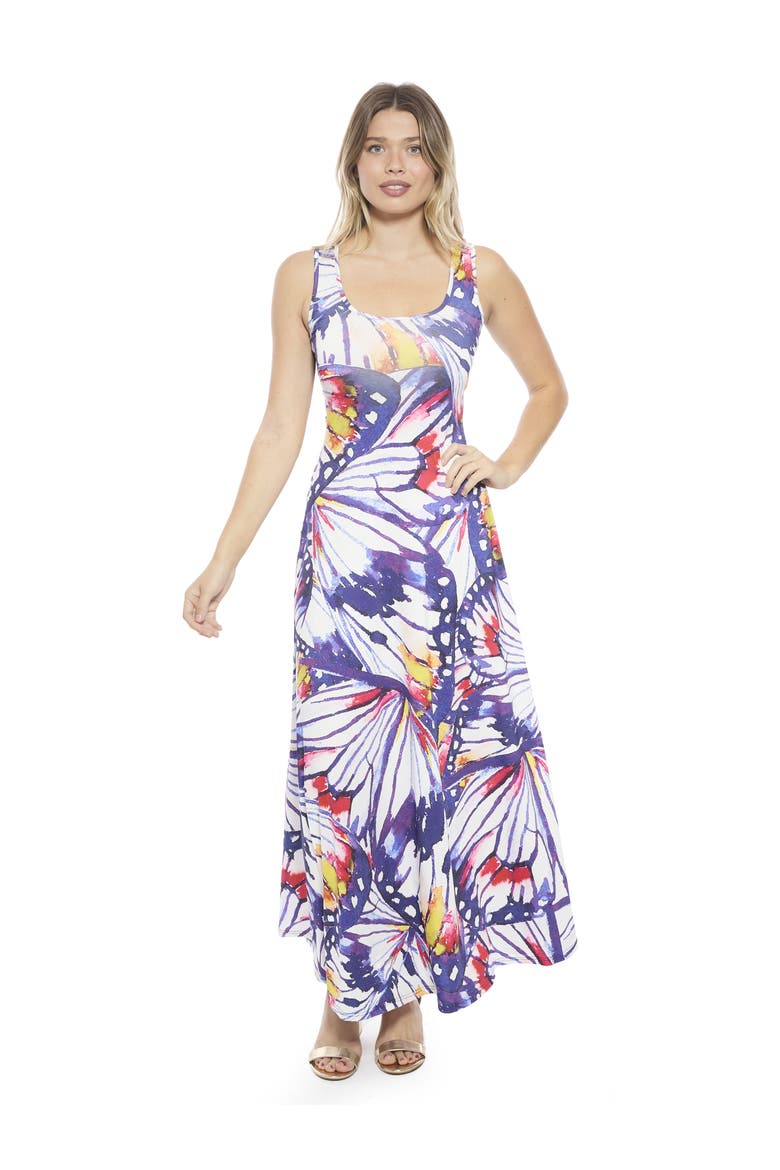Womens Butterfly Scoop Neck Sleeveless A-Line Maxi Dress, Main, color, White Multi