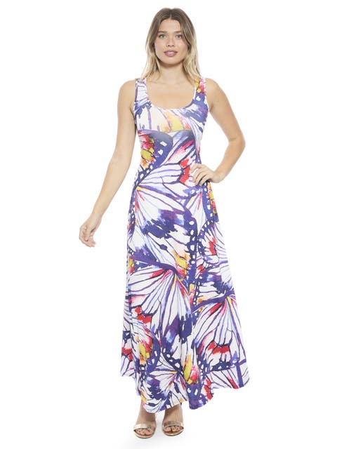 Womens Butterfly Scoop Neck Sleeveless A-Line Maxi Dress
