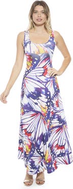 24seven Comfort Apparel Womens Butterfly Scoop Neck Sleeveless A-Line Maxi Dress