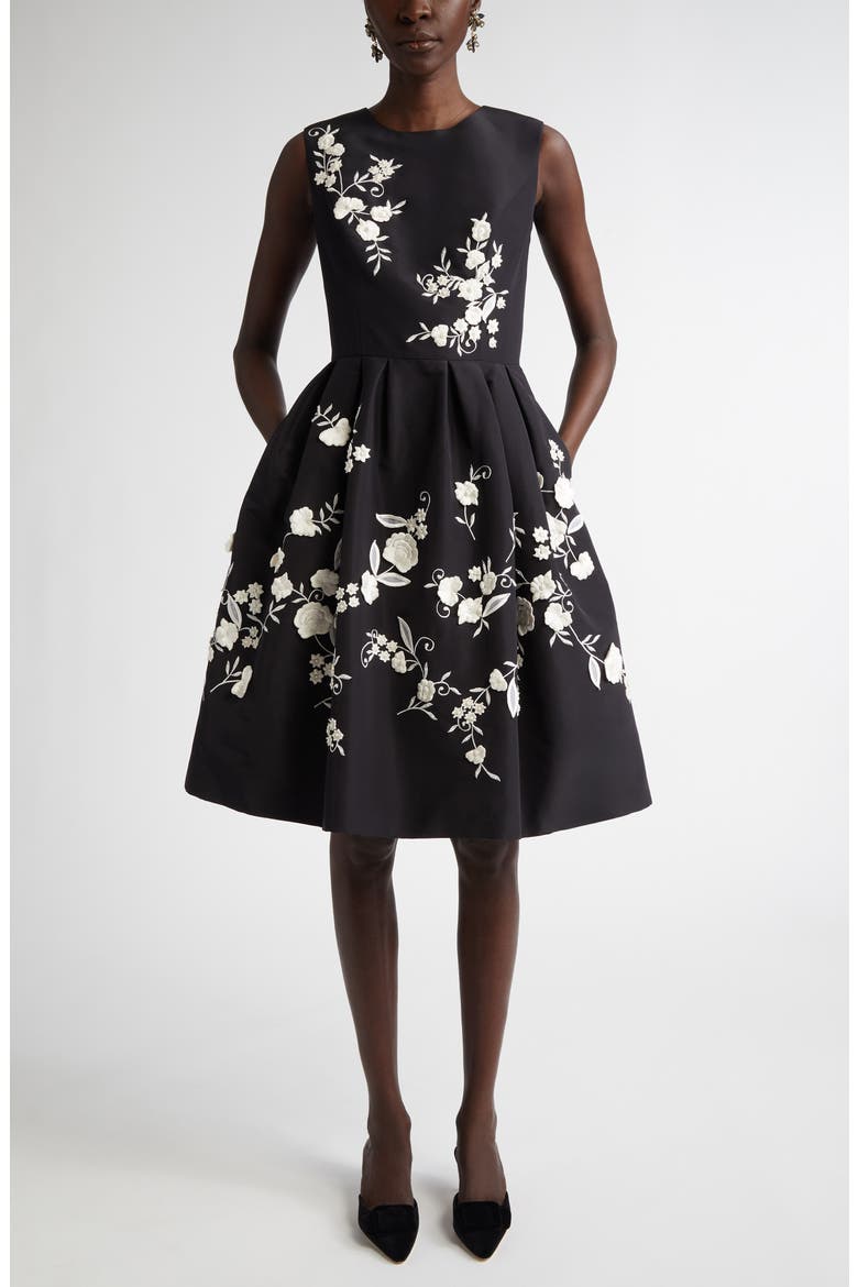 Floral Embroidered Silk Faille Fit & Flare Dress, Main, color, BLACK/ WHITE