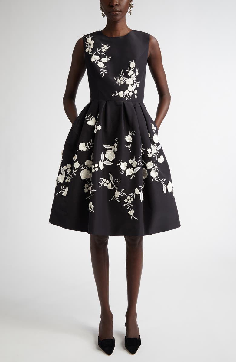 Carolina Herrera Floral Embroidered Silk Faille Fit & Flare Dress, Main, color, 