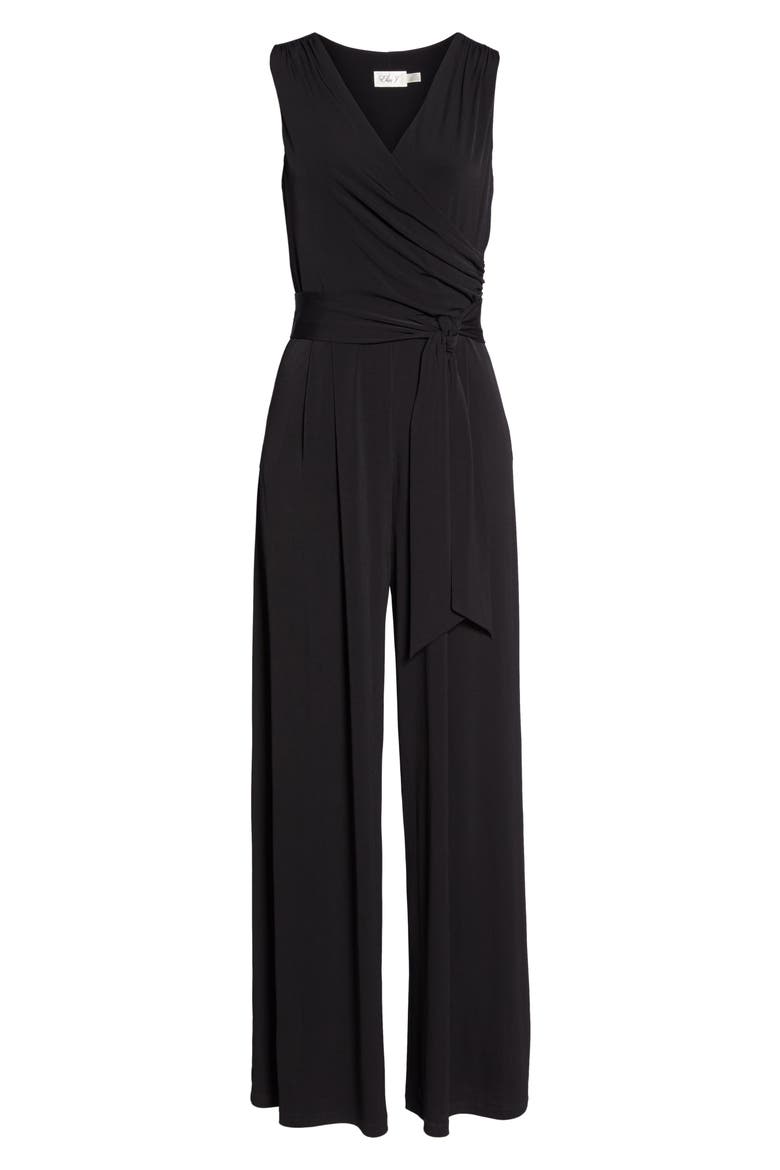 Faux Wrap Wide Leg Jumpsuit, Alternate, color, BLACK