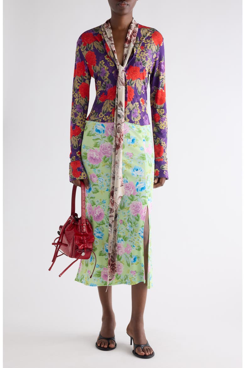 Mixed Floral Long Sleeve Midi Dress, Alternate, color, PURPLE/ GREEN
