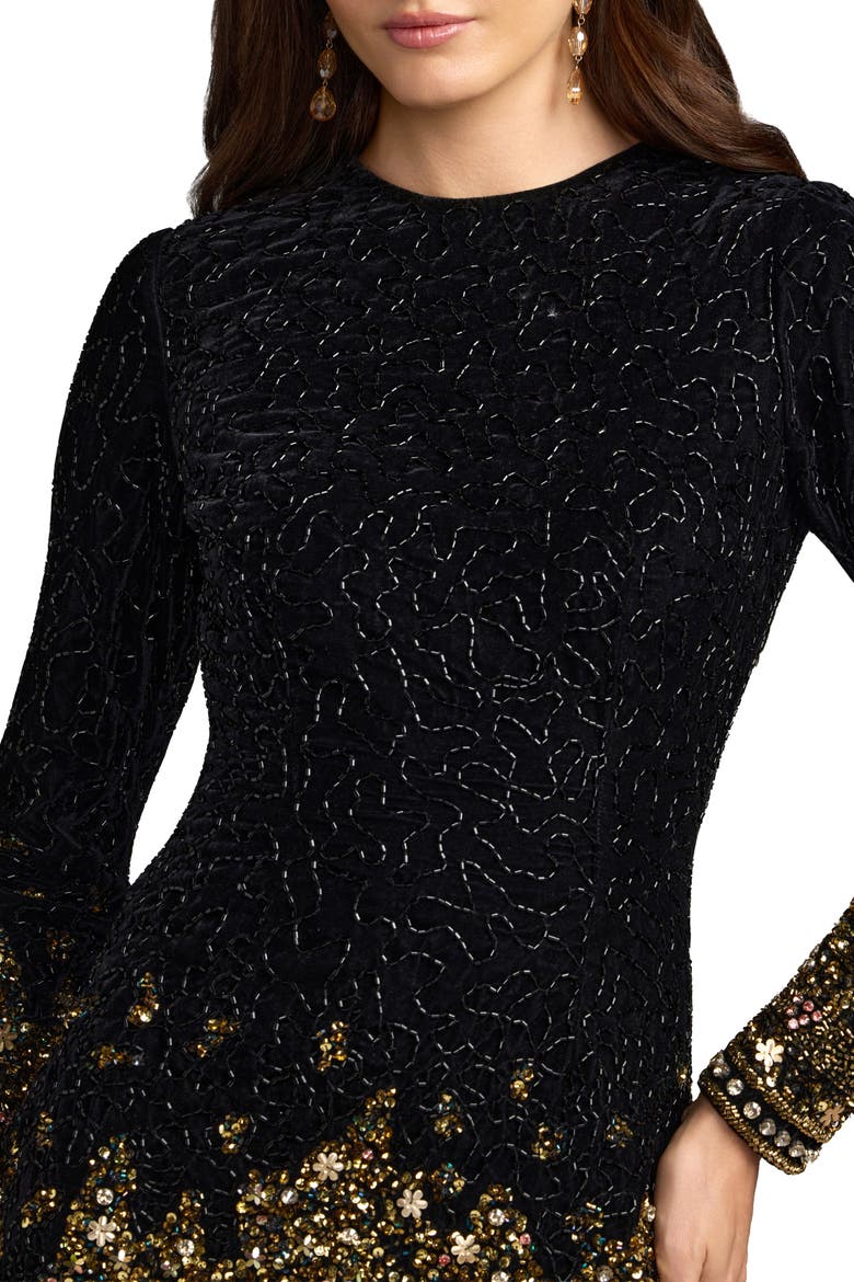 Embellished Velvet Long Sleeve Mini Dress, Alternate, color, Black Gold