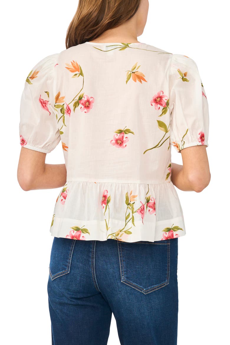 Floral Puff Sleeve Cotton Peplum Top, Alternate, color, LUCENT WHITE