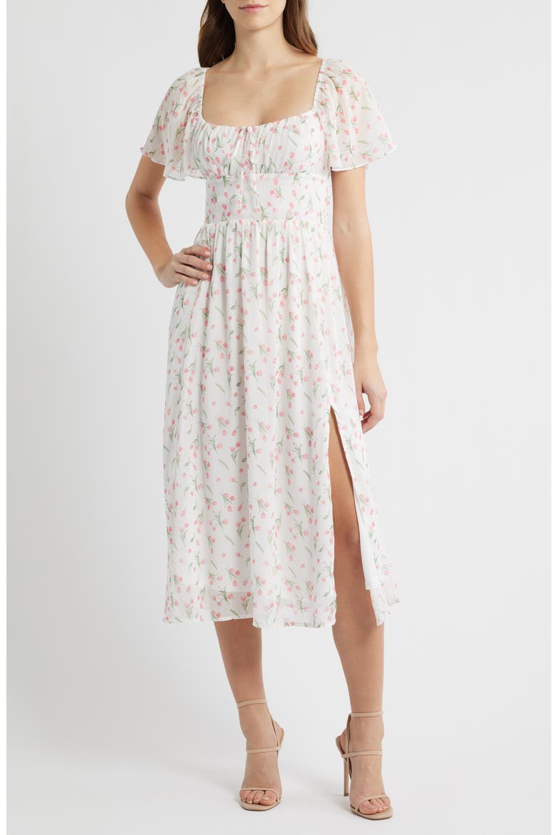 Floral Butterfly Sleeve Midi Dress, Main, color, WHITE TULIP