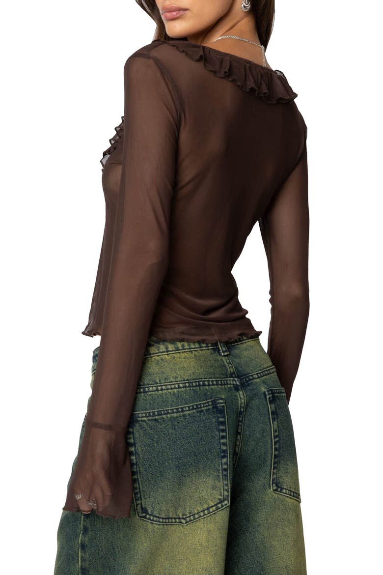Sheer Mesh Ruffle Top, Alternate, color, BROWN