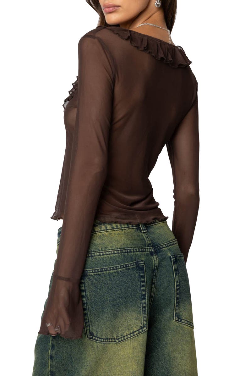 EDIKTED Sheer Mesh Ruffle Top, Alternate, color, Brown