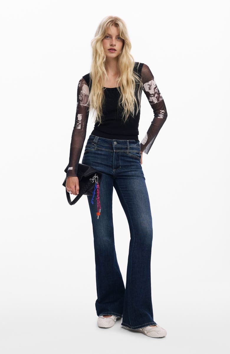 Desigual Mesh Sleeve Crop T-Shirt, Alternate, color, Black