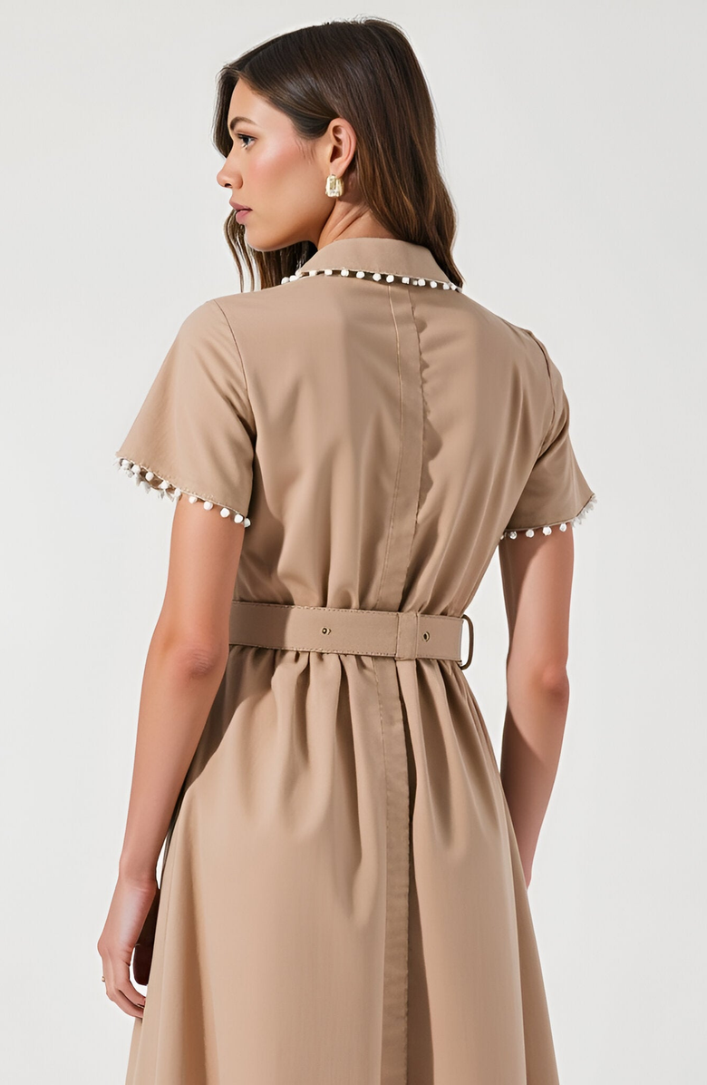 Modenaire Short Sleeve Collared Midi Dress with Pearl Details and Statement Belt, Alternate, color, Beige