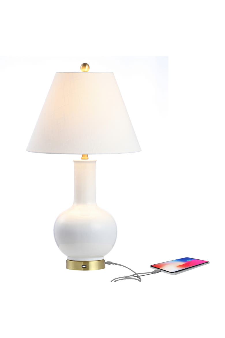 Han 27" Ceramic/Iron Contemporary USB Charging LED Table Lamp, White/Brass Gold, Main, color, White/Brass Gold