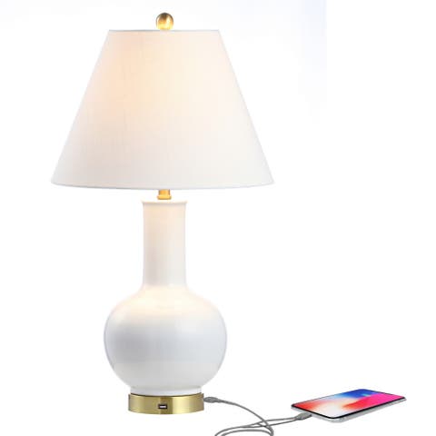 Han 27" Ceramic/Iron Contemporary USB Charging LED Table Lamp, White/Brass Gold