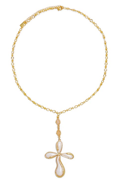 Amulet Imitation Pearl Cross Pendant Necklace