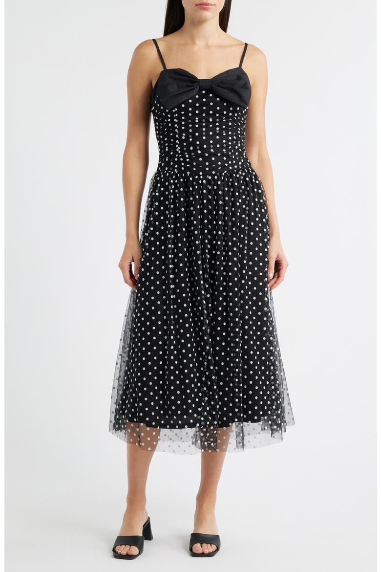 Bow Polka Dot Mesh Fit & Flare Midi Dress, Main, color, BLACK