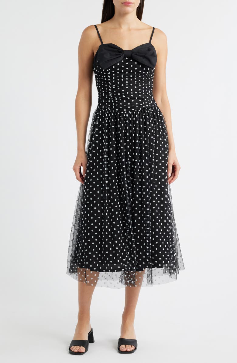 MOON RIVER Bow Polka Dot Mesh Fit & Flare Midi Dress, Main, color, Black